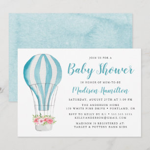 Blue Watercolor Hot Air Ballon Babydusche Einladung