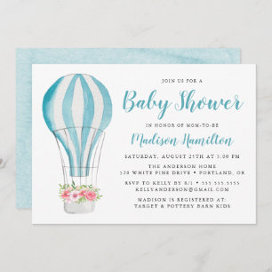 Blue Watercolor Hot Air Ballon Babydusche Einladung