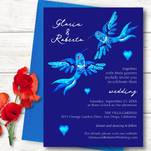 Blue Watercolor Hummingbird Mexican Wedding Einladung
