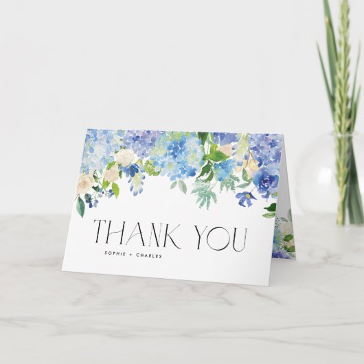 Blue Watercolor Hydrangea Bloral Wedding Dankeskarte (Vorderseite)
