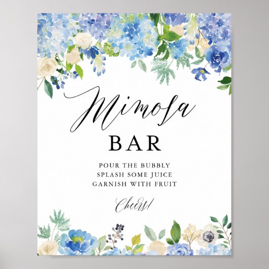 Blue Watercolor Hydrangea Brautparty Mimosa Bar Poster (Vorne)
