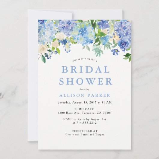 Blue Watercolor hydrangea Bridal Dusche Einladung (Vorderseite)