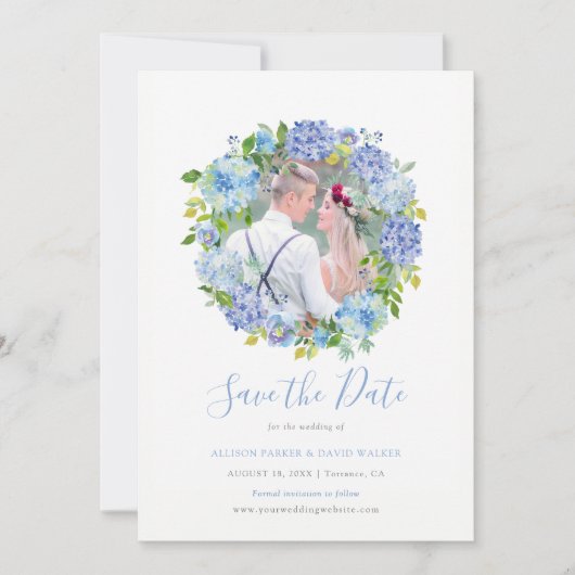Blue Watercolor hydrangea Foto Save the Date Karte (Vorderseite)