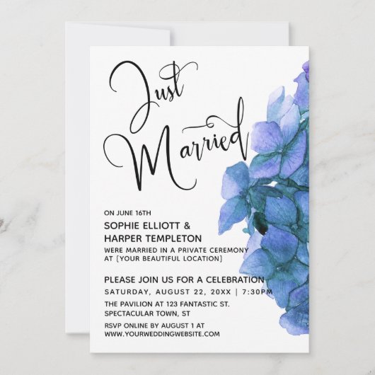 Blue Watercolor Hydrangea Just Married Empfang Einladung (Vorderseite)