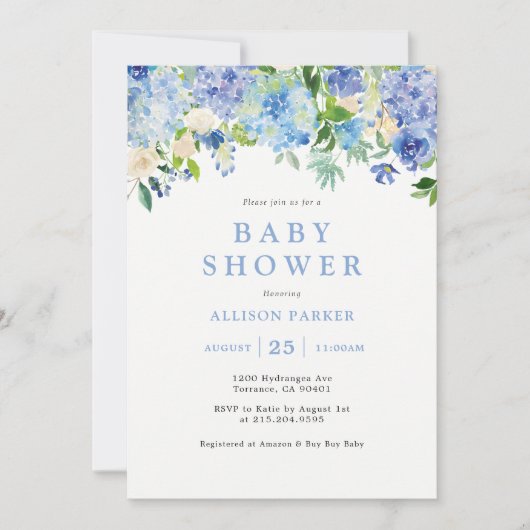 Blue Watercolor hydrangea Kinderdusche Einladung (Vorderseite)