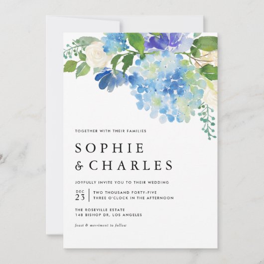 Blue Watercolor Hydrangea QR Code Hochzeit Einladung (Vorderseite)
