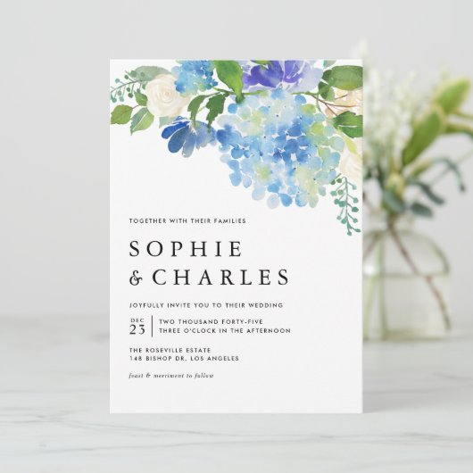 Blue Watercolor Hydrangea QR Code Hochzeit Einladung (Stehend Vorderseite)