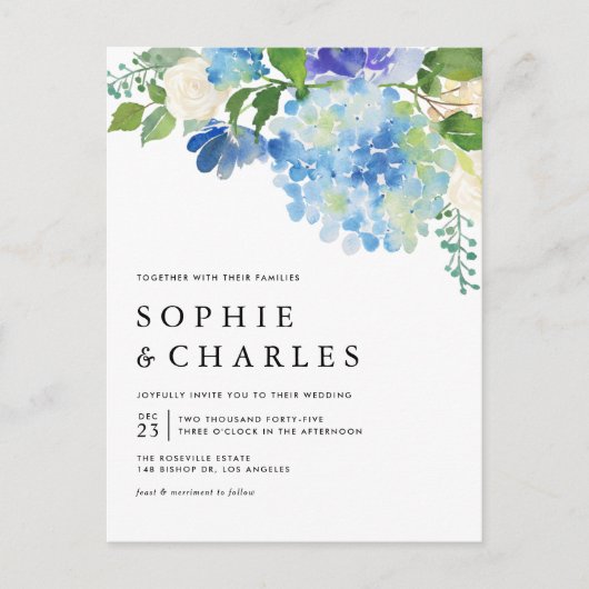 Blue Watercolor Hydrangea QR Code Hochzeit Einladungspostkarte (Vorderseite)