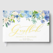Blue Watercolor Hydrangea und Elfenbeinküste Rose Gästebuch (Vorderseite)