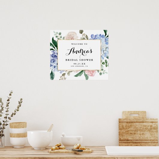 Blue Watercolor Hydrangeas Gold Foil Brautparty Poster (Küche)