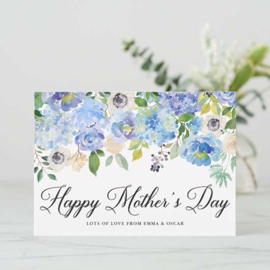 Blue Watercolor Hydrangeas Happy Mother Day Karte (Stehend Vorderseite)
