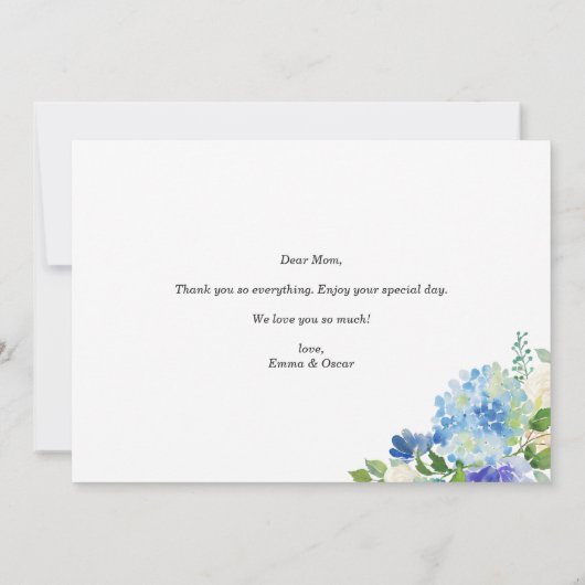 Blue Watercolor Hydrangeas Happy Mother Day Karte (Rückseite)