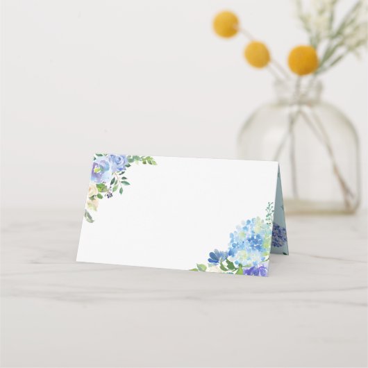 Blue Watercolor Hydrangeas & Rose Borders Wedding Platzkarte (Vorderseite)