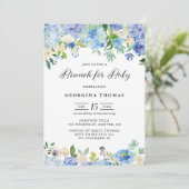 Blue Watercolor Hydrangeas & Rose Brunch für Baby Einladung (Stehend Vorderseite)