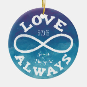 Blue Watercolor Infinity Liebe Hochzeitdatum, Name Keramik Ornament