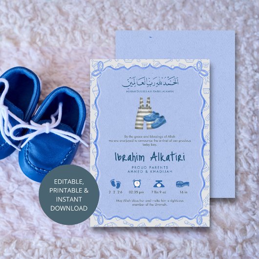 Blue Watercolor islamic Baby Boy Birth Ankündigung
