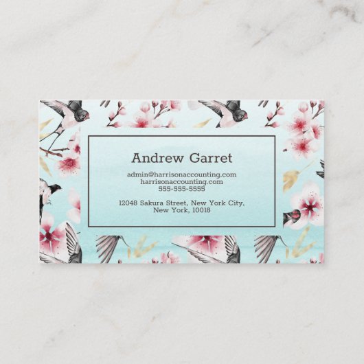 Blue Watercolor Japanisch Schlucken Cherry Blossom Visitenkarte (Rückseite)