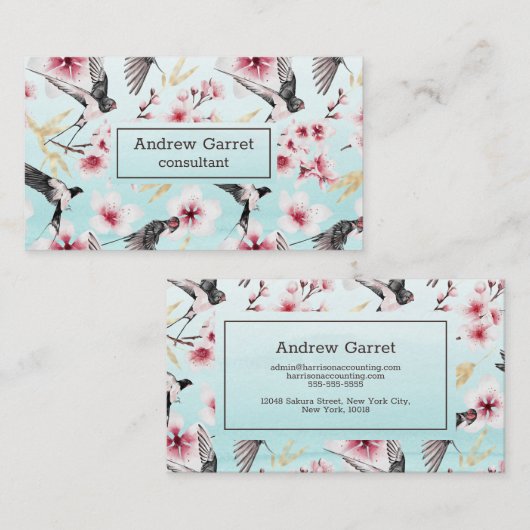 Blue Watercolor Japanisch Schlucken Cherry Blossom Visitenkarte (Vorne/Hinten)