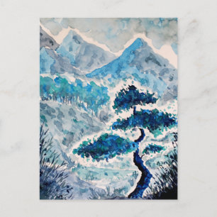 Blue Watercolor Landscape Postcard Postkarte