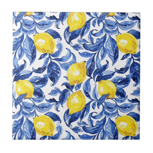 Blue Watercolor Lemon Pattern Fliese (Vorderseite)