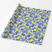 Blue Watercolor Lemon Pattern Geschenkpapier (Ungerollt)