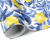 Blue Watercolor Lemon Pattern  Geschenkpapier (Rolleneckpunkt)