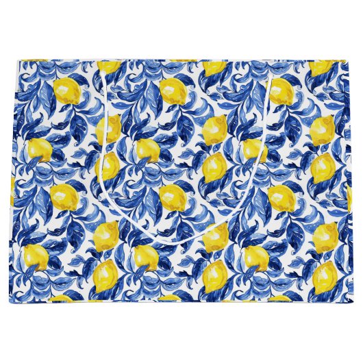 Blue Watercolor Lemon Pattern Große Geschenktüte (Vorderseite)