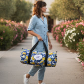 Blue Watercolor Lemon Pattern Monogram Duffle Bag