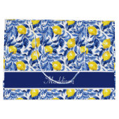 Blue Watercolor Lemon Pattern Monogram Name Große Geschenktüte (Rückseite)