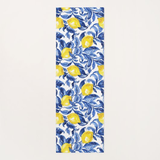 Blue Watercolor Lemon Pattern Monogram Name Yogamatte (Rückseite)