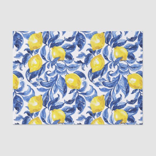 Blue Watercolor Lemon Pattern Seidenpapier (Vorderseite)