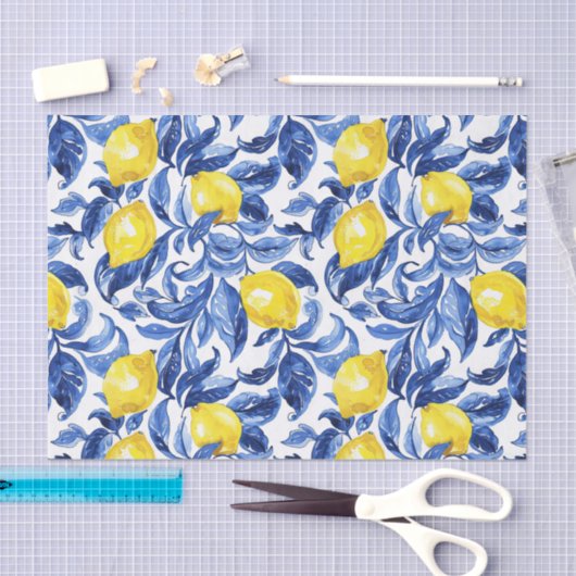 Blue Watercolor Lemon Pattern Seidenpapier (Handwerk)