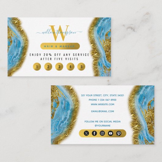 Blue Watercolor Marble & Gold Foil Loyalty Card Visitenkarte (Vorne/Hinten)