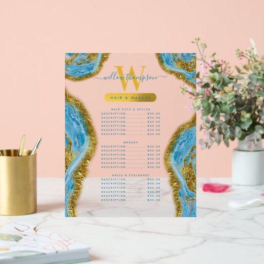 Blue Watercolor Marble & Gold Hair & Makeup Price Acrylschild (Hochzeit)