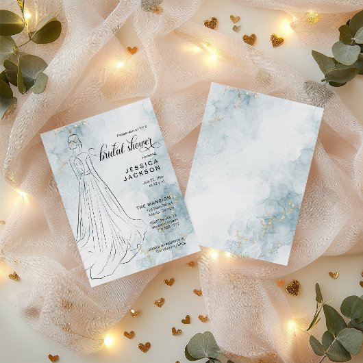 Blue Watercolor mit Gold Glitzer Brautparty Einladung