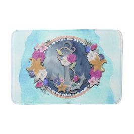 Blue Watercolor Moderner Nautic Floral Anker Badematte