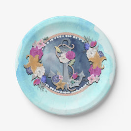 Blue Watercolor Moderner Nautic Floral Anker Pappteller