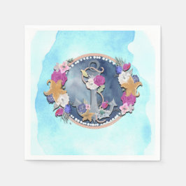 Blue Watercolor Moderner Nautic Floral Anker Serviette