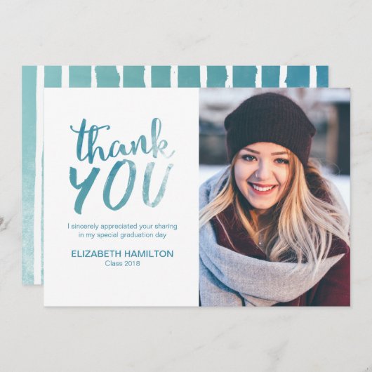 Blue Watercolor Modernes Script Grad Danke Foto (Vorne/Hinten)