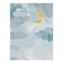 Blue Watercolor Moon Nursery Print with Playlist