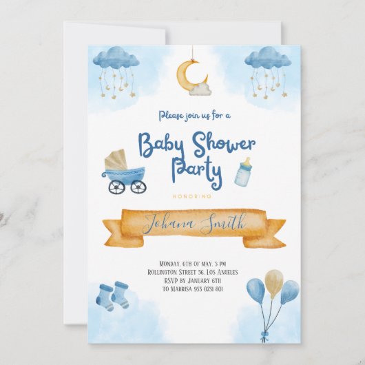 Blue Watercolor Moon und Stars Baby Dusche Einladung (Vorderseite)