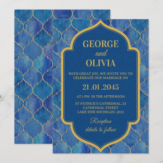 Blue Watercolor Moroccan Pattern Wedding Einladung (Vorne/Hinten)