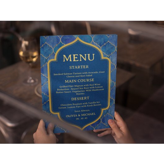 Blue Watercolor Moroccan Wedding Menu Menükarte