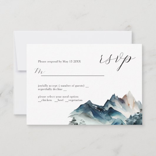 Blue Watercolor Mountain Wedding Design RSVP Card Karte (Vorderseite)
