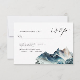 Blue Watercolor Mountain Wedding Design RSVP Card Karte