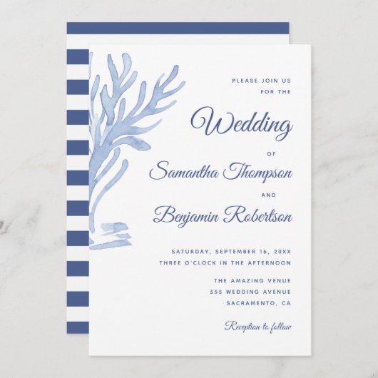 Blue Watercolor Nautical Wedding Beach Thema Einladung (Vorne/Hinten)