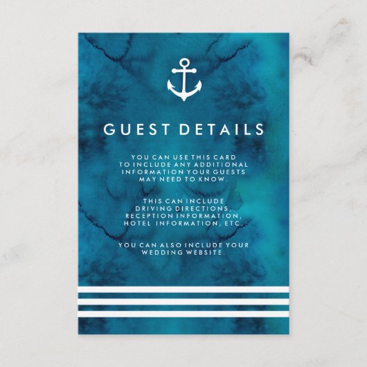 Blue Watercolor Nautical Wedding Guest Information Begleitkarte (Vorderseite)