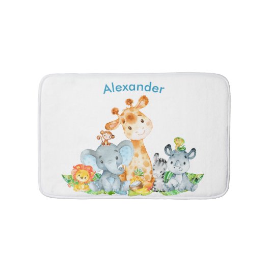 Blue Watercolor Niedlich Safari Dschungeltiere Badematte (Vorderseite)