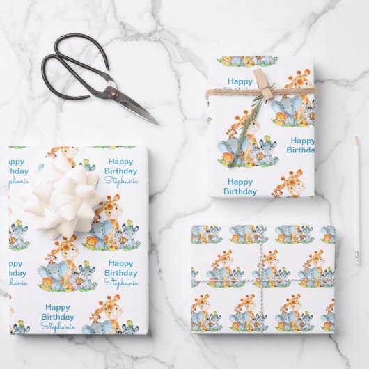 Blue Watercolor Niedlich Safari Dschungeltiere Geschenkpapier Set (Vorderseite)