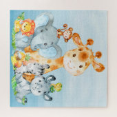 Blue Watercolor Niedlich Safari Jungle Tiere Puzzle (Horizontal)